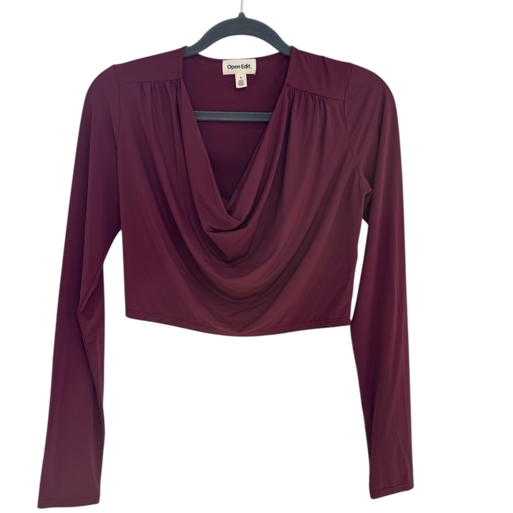 Open Edit Drape Long Sleeve Crop Top Burgundy